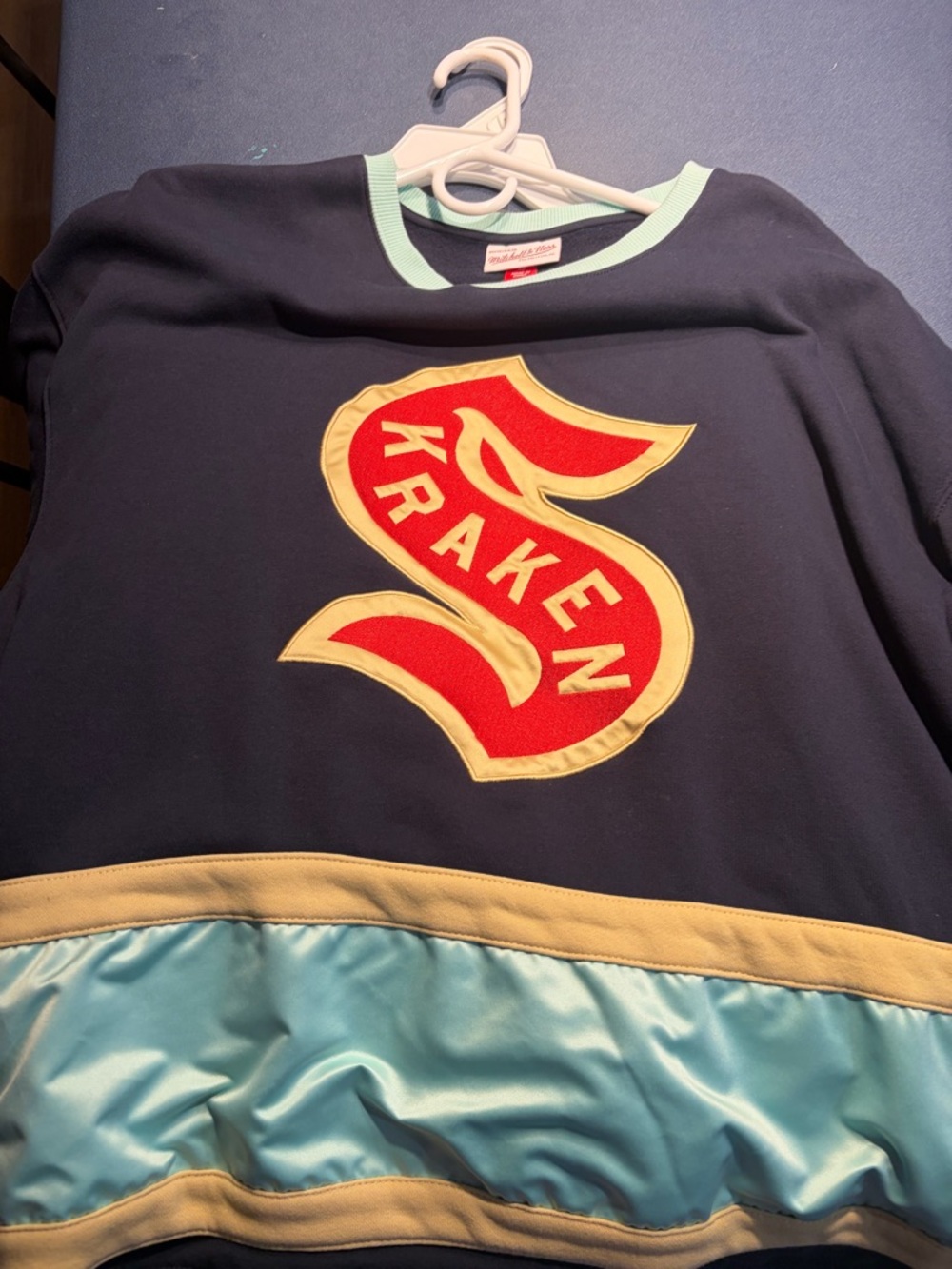 Mitchell & Ness Navy Crewneck Sweater with Red and Cream Kraken Patch - Picture 2 of 4